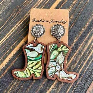 Wood and Leather Cowboy Boots Earrings Posts Women Western